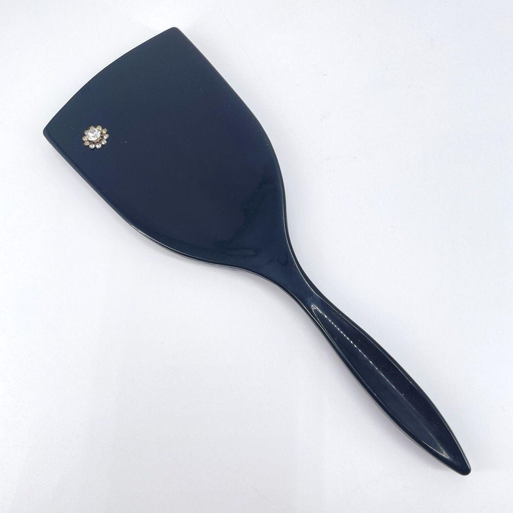Stanley Handheld Vanity Mirror Mid Century Black Rhinestones 12" Vintage MCM USA